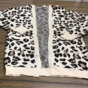FSL Apparel Open Front Pockets Relaxed Fit Leopard Cardigan Sweater Jacket M